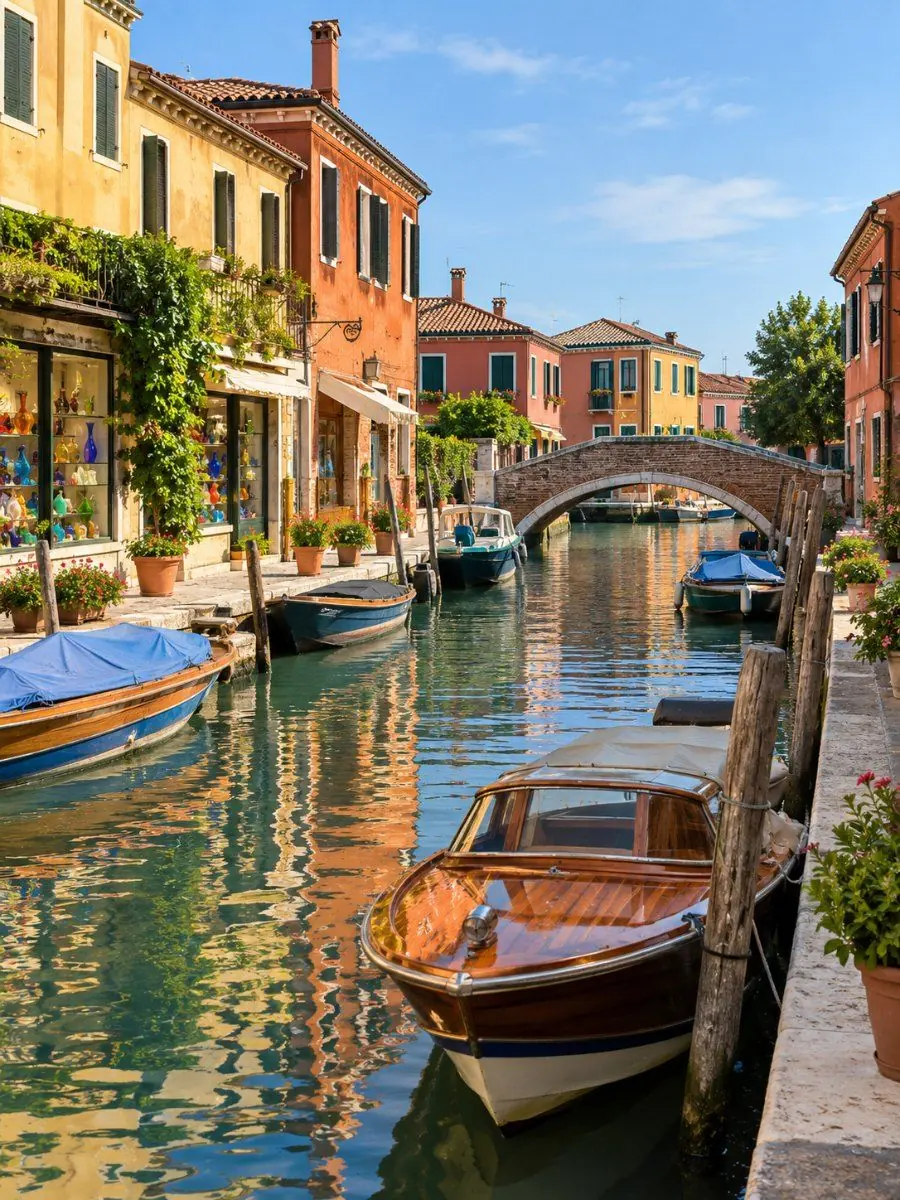 A Murano canal in warm afternoon light, with moored boats, a small bridge and glass workshop signs along the quay